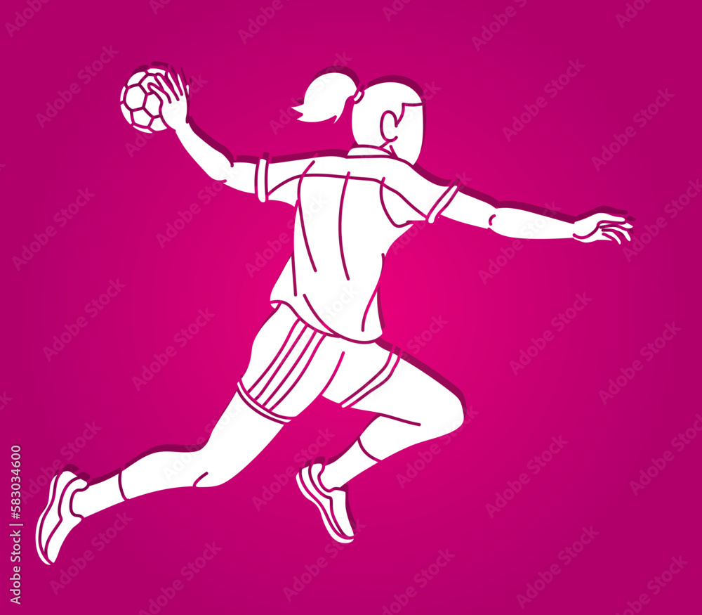 Handball Sport Woman Player Action Cartoon Graphic Vector