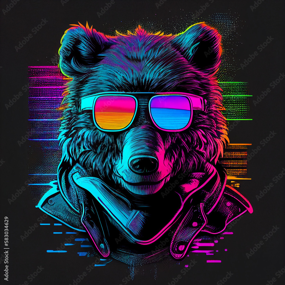 BEAR WITH SUNGLASSES MODERN DESIGN, synthwave 80s style, stunning look, abstract art, unique illustration