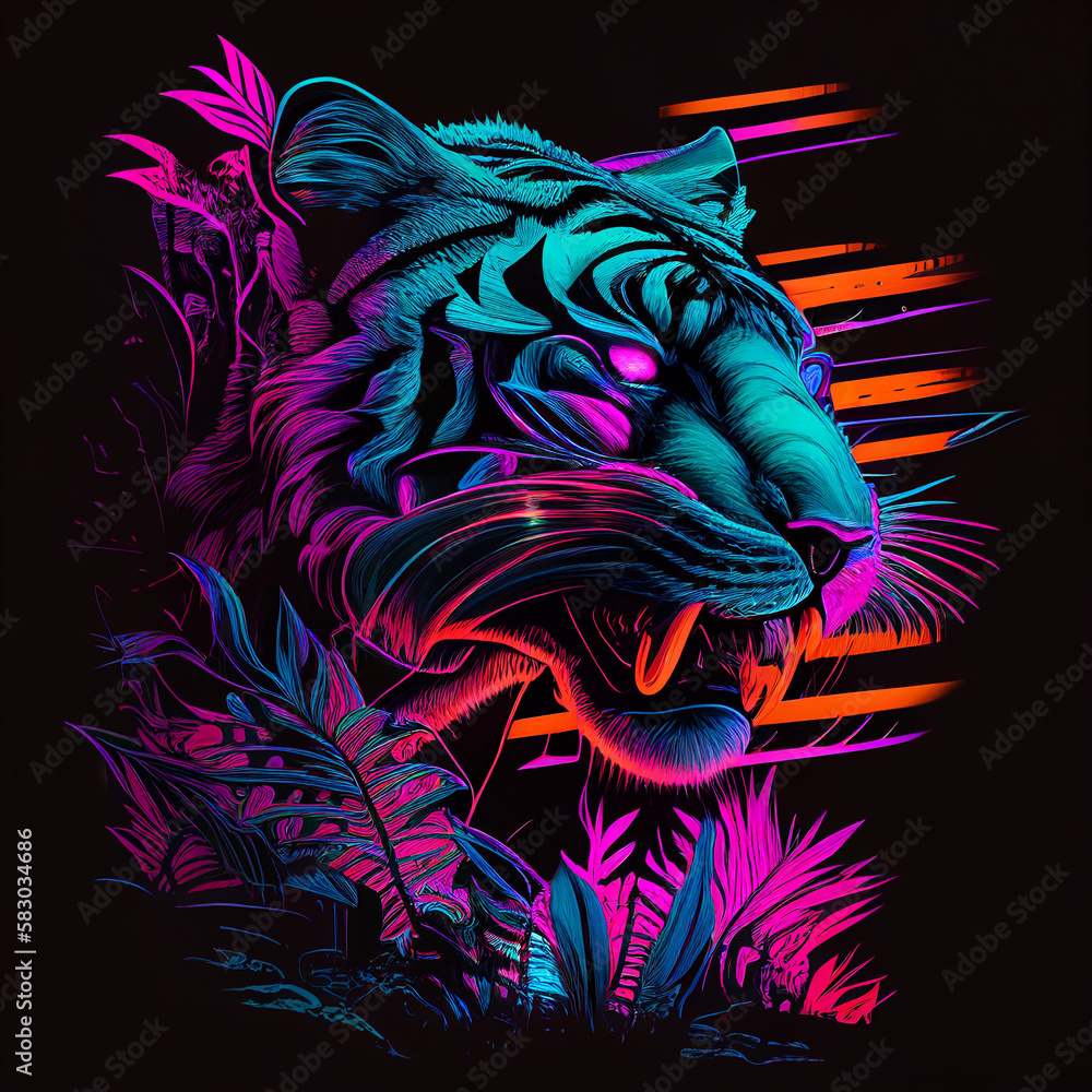 Fototapeta TIGER MODERN DESIGN, synthwave 80s style, stunning look, abstract art, unique illustration