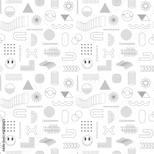 Black and white seamless pattern with abstract geometric, linear, outline shapes. Smiling face, circles, rectangles. Brutalism, retro futurism style inspired. For web, covers, textile. Vector backdrop