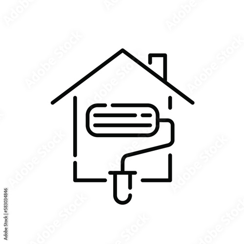 Home redecoration. House and roller painter. Pixel perfect, editable stroke icon