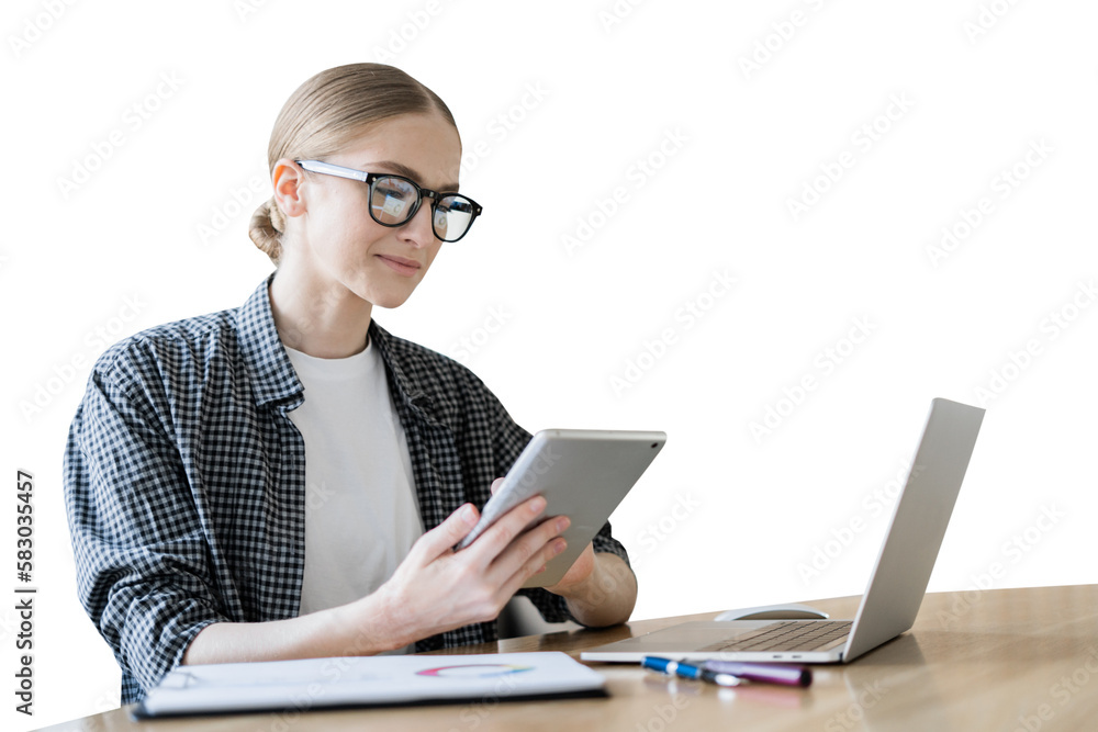 A woman lawyer financier with glasses is strict using a pc computer, transparent background, png, isolated. - obrazy, fototapety, plakaty 