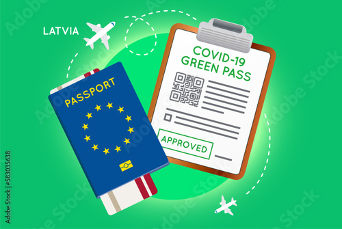 Covid-19 immunity passport with QR code. Vaccination or negative coronavirus test green valid certificate. European Passport with Flight Ticket and Approved Green Pass.