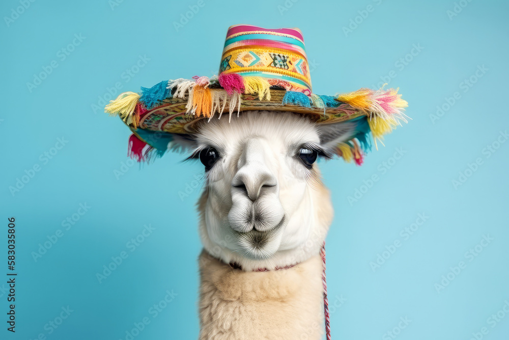 A portrait of a Llama wearing a colourful traditional hat. Generative ai A portrait of a Llama wearing a colourful traditional hat. Generative ai