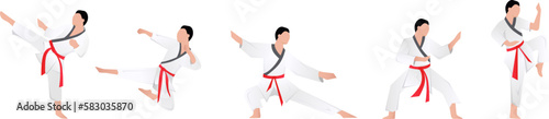 A man in a white kimono shows different fighting stances