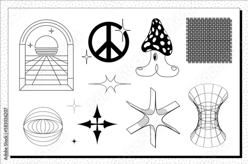 Super trendy geometric Y2K brutalism styled linear shapes. Set including stars, deformation, bubbles, arrows and other trendy shapes.