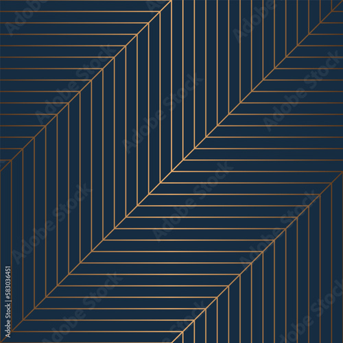 Geometric golden seamless pattern blue color background. Zig zag graphic print. Vector line texture. Modern swatch wrapping paper. Stylish repeating trellis line grid. Trendy hipster sacred geometry