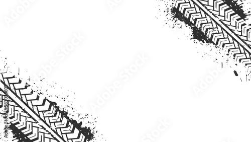 Black tire marks on a white background with a worn effect and splashes of dirt. Vector isolated texture .Tire tracks background for rally, drift, motocross, off-road and other auto and motorsport. 