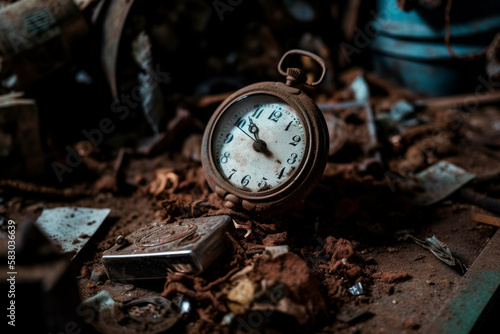 An old and rusty watch lying in the scrap heap. The passage of time. Generative AI