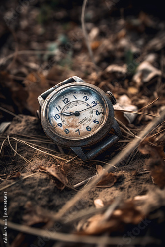 An old and abandoned rusty wristwatch lying in the dirt. The passage of time. Generative AI