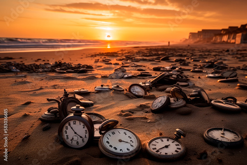 Lots of old and abandoned clocks litter the beach at sunset. The passage of time.  Generative AI photo