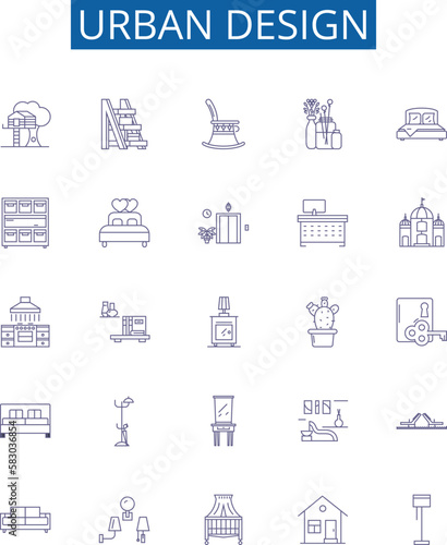 Urban design line icons signs set. Design collection of Urban, Design, Architecture, Placemaking, City, Streetscape, Landscape, Sustainability outline concept vector illustrations