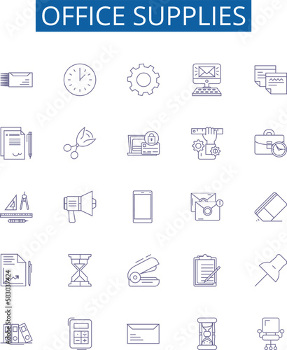 Office supplies line icons signs set. Design collection of Stationery, Pens, Envelopes, Paper, Notepads, Files, Calendars, Staplers outline concept vector illustrations