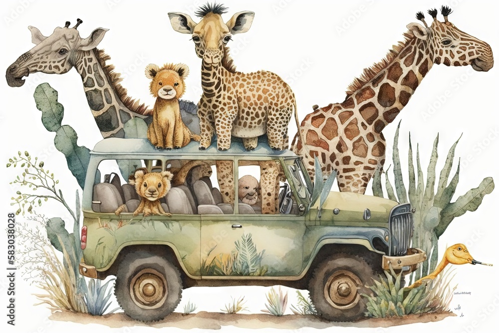 Baby safari animals in jeep illustration generative ai - obrazy, fototapety, plakaty 