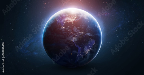 Planet Earth at night. Lights in cities. Sunlight at the dawn. Earth globe on black background. Earth sphere wallpaper. Elements of this image furnished by NASA