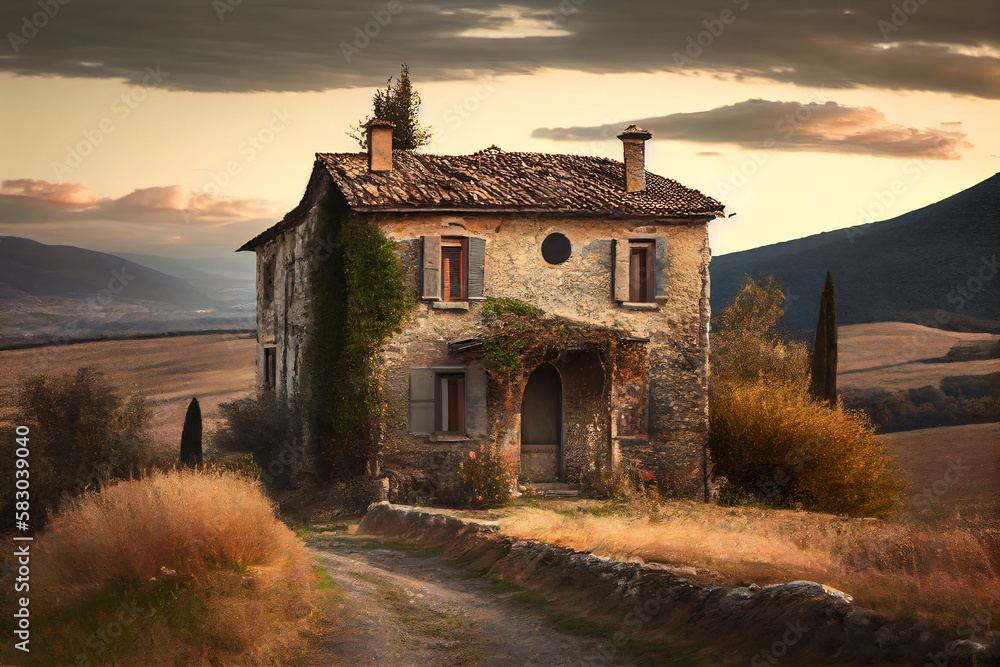 Typical Tuscan old farmhouse with a beautiful landscape in the background. View on the facade. Illustration