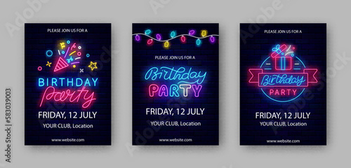 Birthday party neon vertical posters pack. Confetti, present and light bulb garland. Vector stock illustration