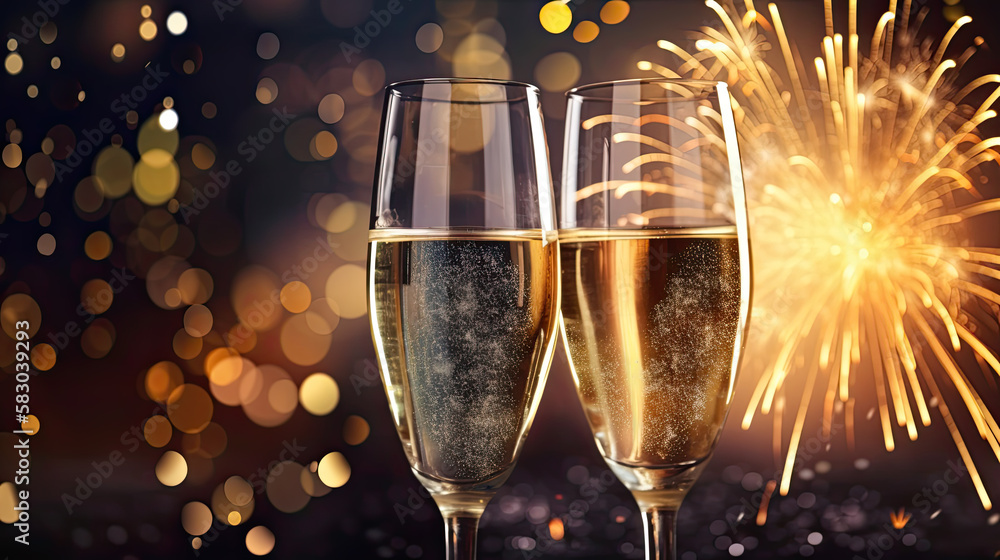 Champagne pour le nouvel an, fête, verres, bulles et paillettes