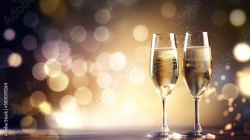 Champagne pour le nouvel an, fête, verres, bulles et paillettes