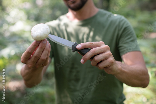hands of man cutting a big mushroom in the forest © auremar