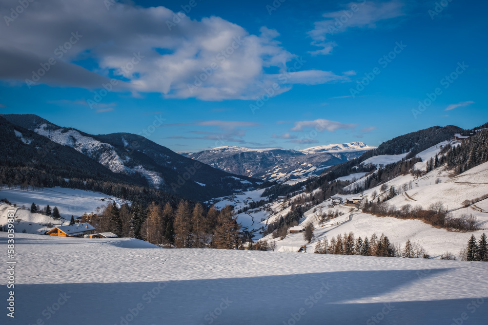 St. Magdalena or Santa Maddalena of the Geisler or Odle dolomites mountain peaks in the Val di Funes Villnosstal in Italy in winter. January 2023