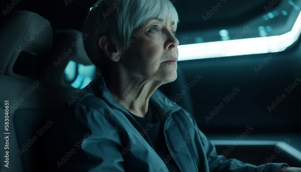 Generative ai senior woman sitting in self driving electric car Generative ai senior woman sitting in self driving electric car