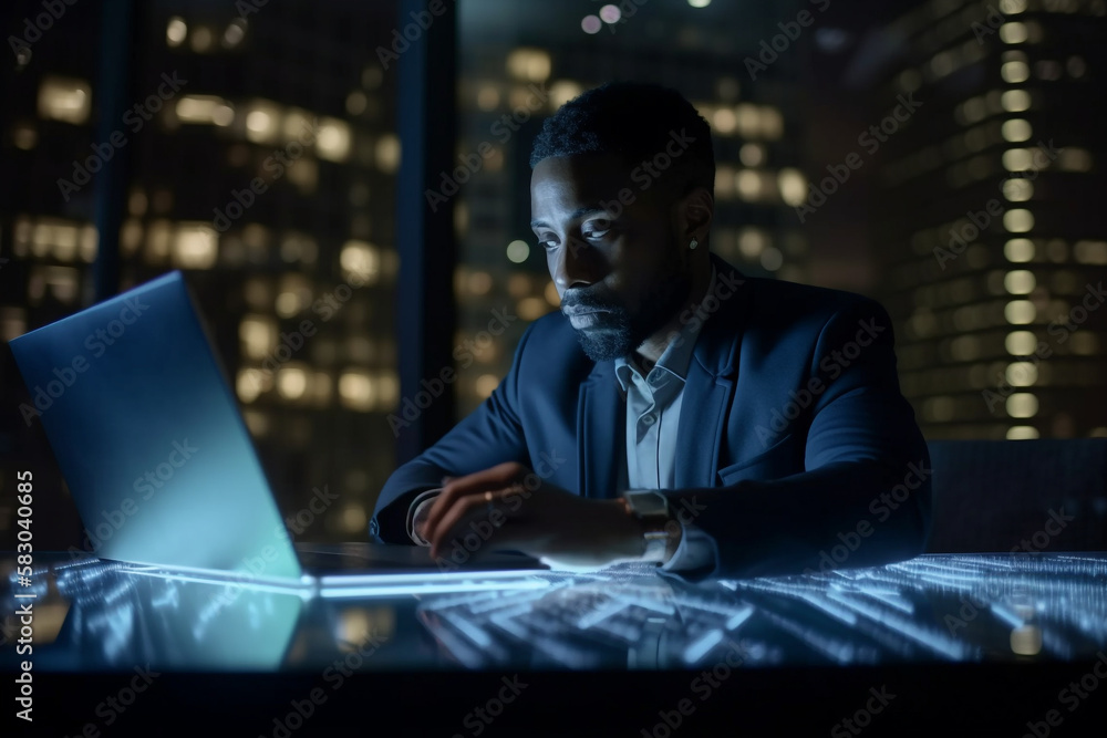 Generative ai black businessman working on computer at night Generative ai black businessman working on computer at night