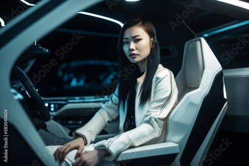Generative ai asian woman sitting in self driving electric car © Eugenio Marongiu