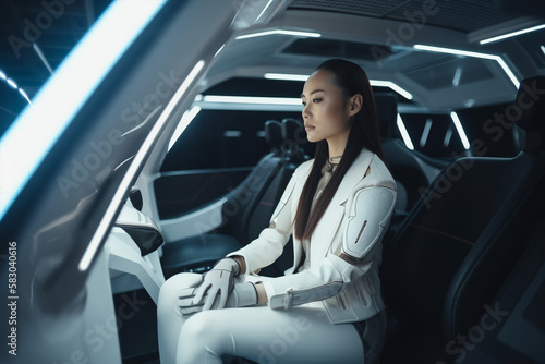 Generative ai asian woman sitting in self driving electric car © Eugenio Marongiu