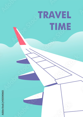 View outside the plane window. Travel, journey concept. Perfect background on the theme of season vacation, weekend. Vector illustration in minimalistic style.