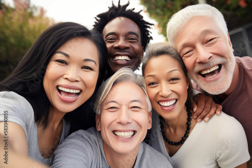 Generative ai middle age happy smiling group multiethnic taking selfie