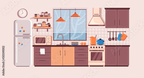 Kitchen interior with counter, refrigerator, stove and window. Vector flat illustration. 