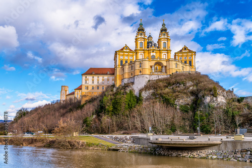 Scenic view of Melk Abbey in Austria against dramatic winter sky