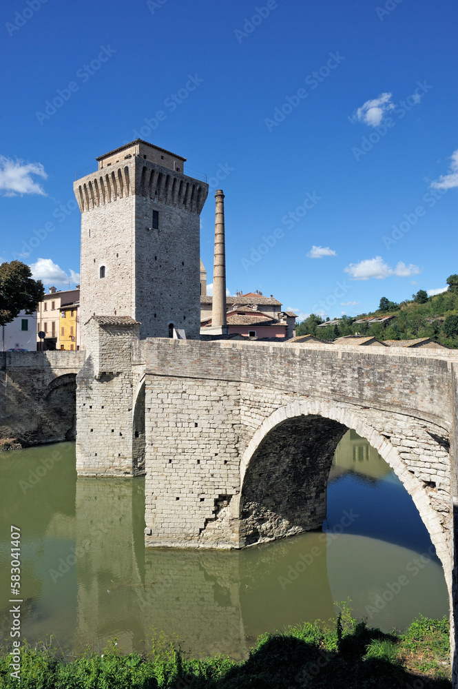 Metauro river, roman bridge, medieval tower, Fermignano, district of Pesaro and Urbino, Marches, Italy, Europe
