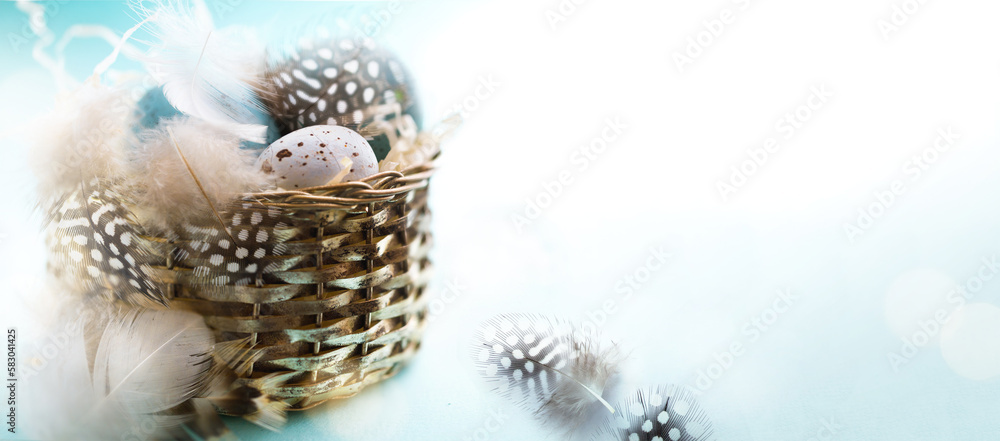 Fototapeta premium Happy Easter! Festive banner design with decoration Easter eggs in vintage basket. Copy space