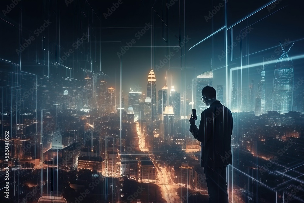 Business man using tablet on futuristic network connect city technology background (Ai generated)