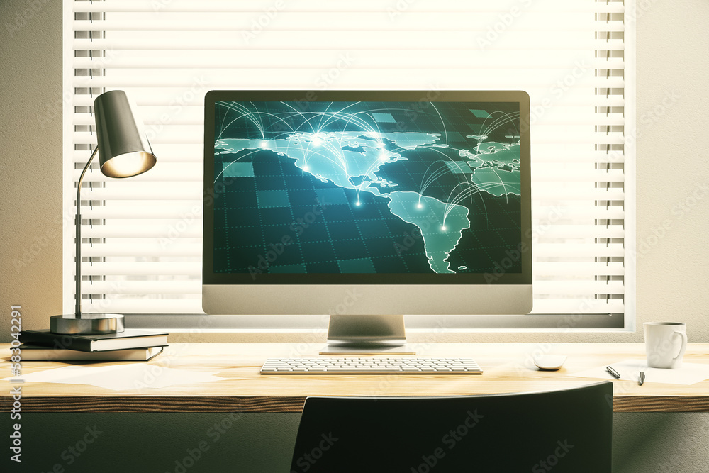 Abstract digital world map with connections on modern computer monitor ...