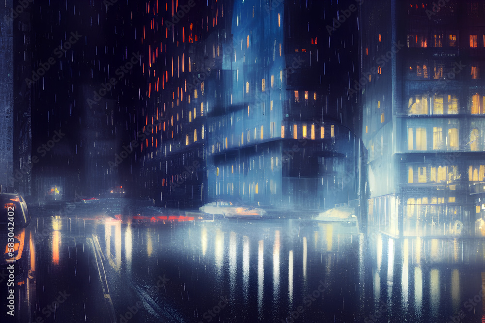 Night city rain car traffic blurred light rain drops on window glass. Generative AI.