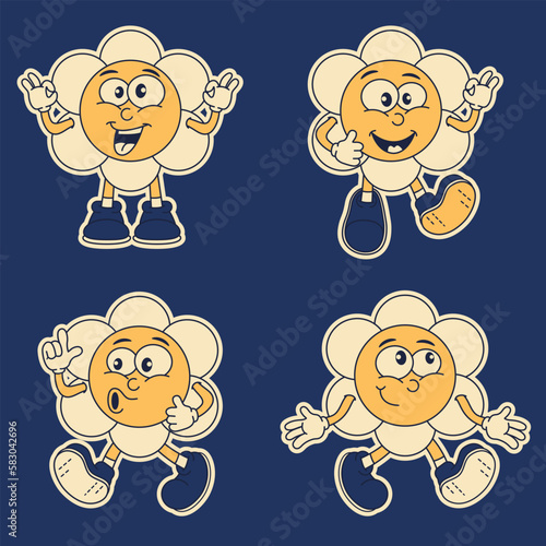 Retro groovy flower in 70s style in monochrome colors. Sticker, banner, flower smiles, wonders, laughs. Cartoon retro style bright sun 80s90s. Vector illustration. photo