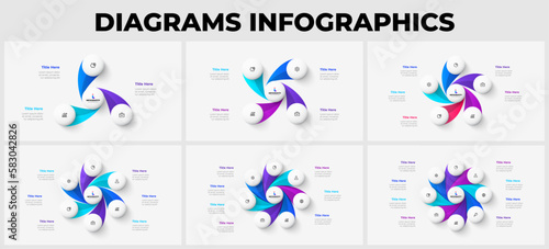 Set of abstract infographics elements for business presentation. Cycle diagrams with 3, 4, 5, 6, 7 and 8 options, parts or steps