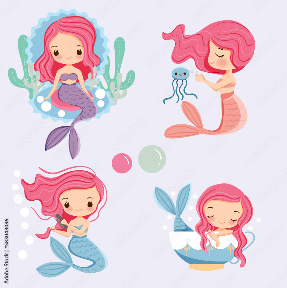 cute variety of Mermaid cartoon characters and the sea animal friend cute variety of Mermaid cartoon characters and the sea animal friend