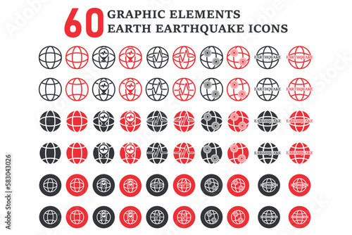  Earthquake, rupture, seismic activity, shock location, magnitude icon in black and gray colors. Vector illustration.