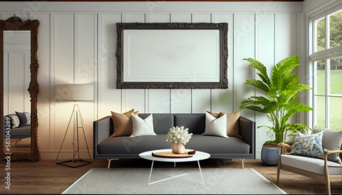 Blank white frame mockup on a wall in farmhouse living room interior 3d render for print  photo  painting  artwork presentation  display. Generative AI