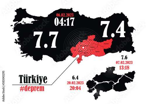  Earthquake in Turkey in February 2023. Get well soon Kahramanmaras-Khatai-Osmaniye Adiyaman-Gaziantep-Sanliurfa Diyarbakir-Malatya-Adana. Vector illustration.