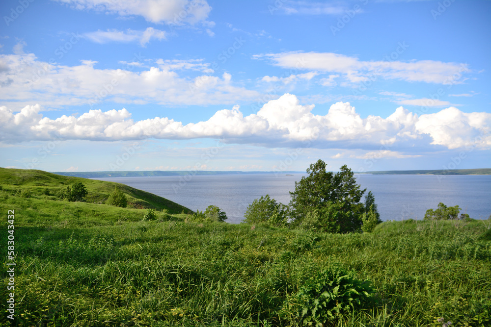 A grassy hill with green tree, blue sky and white clouds on horizon with river