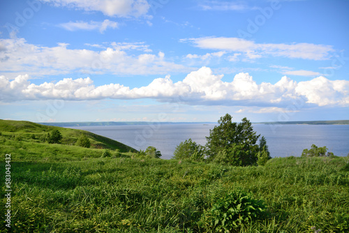 A grassy hill with green tree  blue sky and white clouds on horizon with river