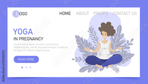 Yoga in pregnancy. Web landing page or website template for yoga studio or online class. Wellness and healthy lifestyle in pregnant