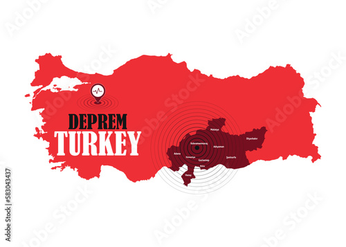 Turkey map, earthquake icon in red, white, burgundy, black colors. Seismic activity February. Disaster, disaster. Vector illustration..