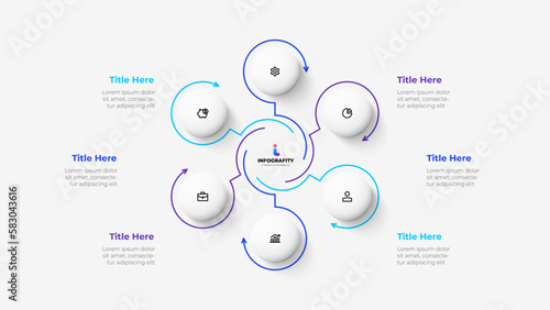 Cycle infographic with thin line arrows and circles. Business template with 6 options