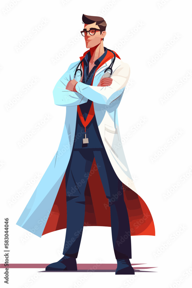 Doctor super-hero in a medical uniform, National doctors day celebration. Vector isolated cartoon style drawing. Doctor super-hero in a medical uniform, National doctors day celebration. Vector isolated cartoon style drawing.